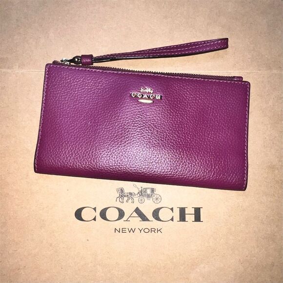 COACH Slim Wallet Wristlet Clutch Deep Berry Purple Pebble Leather AUTHENTIC - Picture 1 of 5